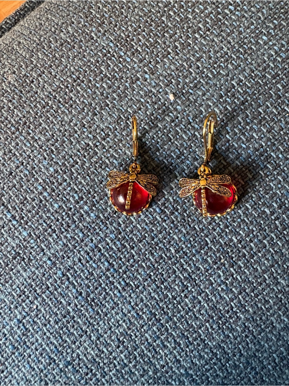 Gold Dragonfly Red Glass Drop Earrings